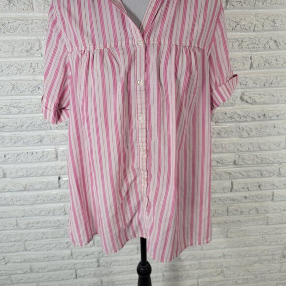 Roamans Womens Top 16W Plus Cuff Sleeve Button Up Pink Stripe STR159E - Picture 4 of 9